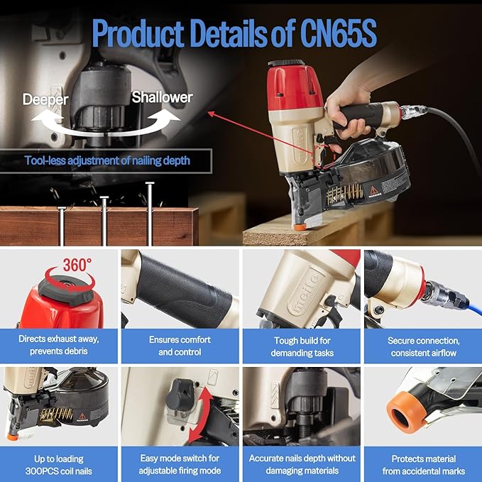 meite Siding Nailer, Pneumatic Siding Nail Gun Lightweight Air Coil Nail Gun with Safety Nose, Nail Depth and 360°Exhaust Adjustable, Compatible with 1-1/2" to 2-1/2" Coil Siding Nails (CN65S)