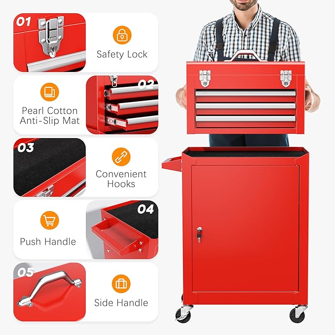 INTERGREAT Tool Chest Cabinet, 3-Drawer Rolling Tool Chest with Detachable Top Tool Box, Tool Storage Cabinet with Universal Lockable Wheels, Metal Tool Cart for Garage, Workshop, Barbershop(Red)