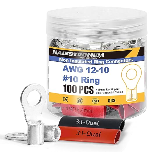 haisstronica Non Insulated Wire Connectors Kit，50pcs #10 Ring Terminals (AWG12-10) with 50pcs 3:1 Heat Shrink Tubing for Automotive Marine，Brazed Seam Wire Crimp terminals