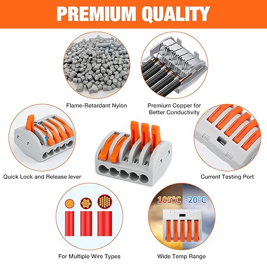Nilight 115PCS Lever Wire Connectors Nuts Kit 28-12AWG Inline Electrical Terminal 2 3 4 5 Port Assortment Quick Disconnect Push in Wire Connectors for Solid Stranded Wiring Projects,2 Year Warranty