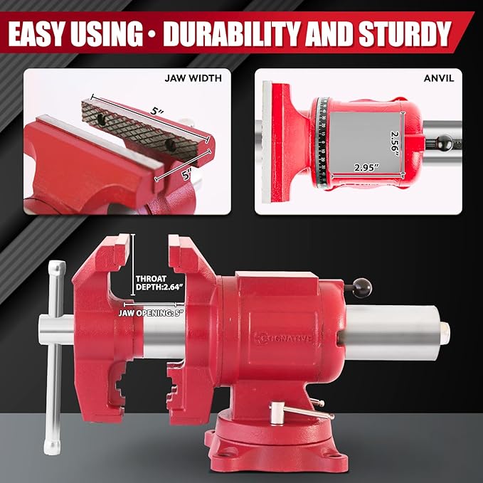 UPG 5-Inch Terminal Location Bench Vise with Ductile Iron Bench Vise 360° Multi-Purpose Bench Vice with Anvil, Clamp force 8800lbs, Red