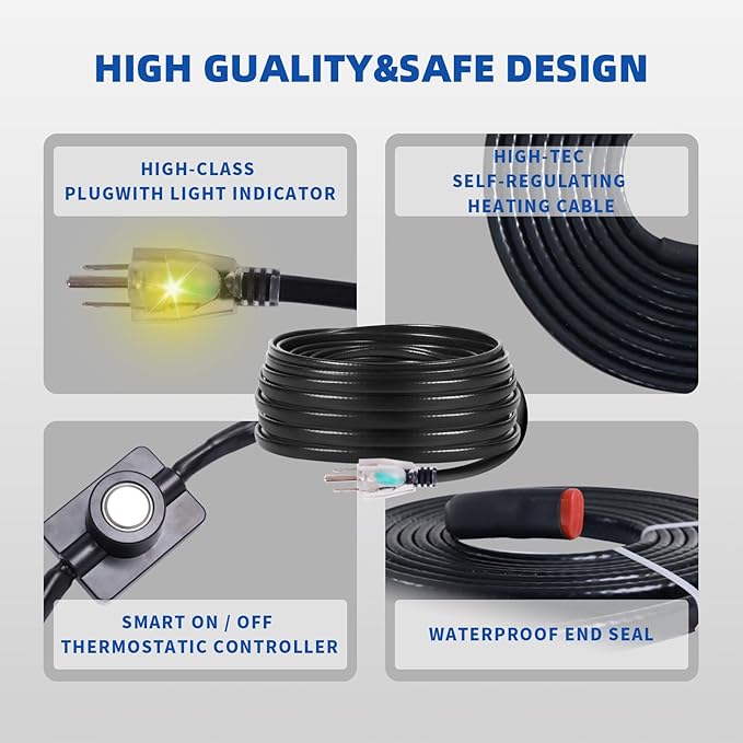 6FT Heat Cable for Water Pipes, Prevent Freezing & Easy Installation, Water Pipe Heat Cable With Thermostat Self-Regulating, Pipe Heating Trace System 120 V