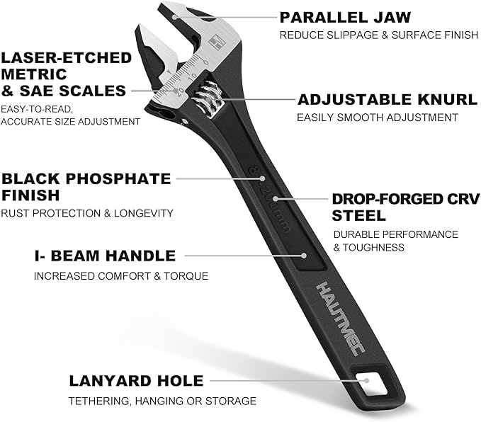 HAUTMEC 8 inch Adjustable Wrench Extra Wide Jaw Black Finish Adjustable Wrenches Drop-Forged CR-V Steel Metric & SAE Scales for Home Garage Workshop DIY