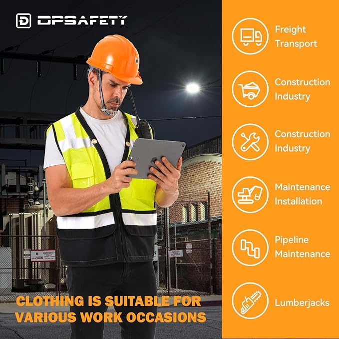 Reflective Safety vest With back plan pocket,High visibility Class 2 Heavy Duty Surveyor Vest with Zipper,Hi Vis Construction Work Vest for Men＆Women ANSI/ISEA(Yellow-Bottom,L)