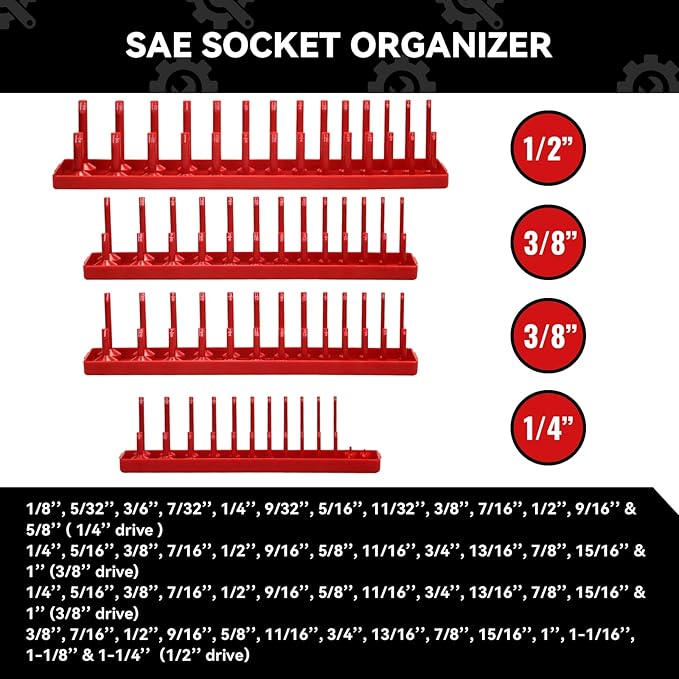 8PCS Socket Organizer Tray Set,SAE & Metric Socket Trays, 2PCS 1/4", 4PCS 3/8", 2PCS 1/2" Drive Deep and Shallow Socket Holders for Toolboxes (8pcs socket organizer (store 226 sockets）)