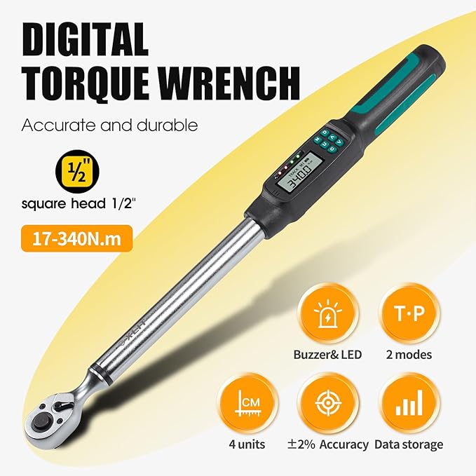 1/2-Inch Drive Digital Torque Wrench, 12.5-250 ft-lb (17-340 Nm), ±2% Accuracy - Professional Electronic Wrench with Buzzer & LED Alerts, Adapters for Automotive, Truck & SUV Lug Nuts