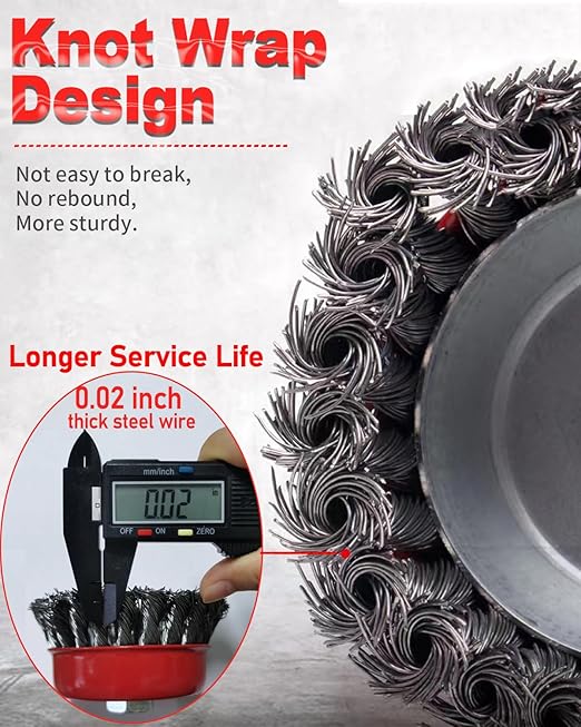 4" Coarse Twisted Knotted Wire Wheel Cup Brush for Angle Grinder, 5/8 Inch-11 Threaded Arbor, 0.020" Carbon Steel Brush for Heavy Cleaning Rust, Abrasive (4)