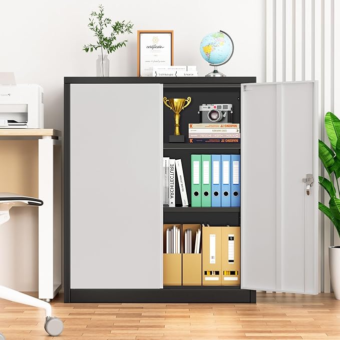 Pataku Metal Storage Cabinet, Garage Cabinet with Doors and Shelves 36" Hx32 Wx16 D, Steel Lockable File Cabinets for Office, Home, Garage, Basement, Industrial, Black Grey
