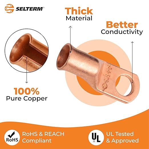 SELTERM 2pcs 4 AWG 5/16" Stud Copper Wire Lugs, Battery Lugs, Ring Terminals, Battery Cable Ends, 4 Guage Ring Terminal Connectors, UL Heavy Duty Bare Copper Eyelets Battery Terminal Connectors