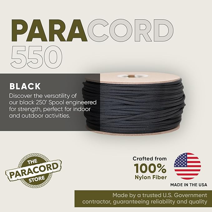 The Paracord Store | Type III 550 Paracord - 250 FT Spool, Blank | Heavy Duty 7 Strand Tactical Paracord - USA Made Nylon Outdoor Parachute Cord for Camping, Fishing & More - Survival Cord