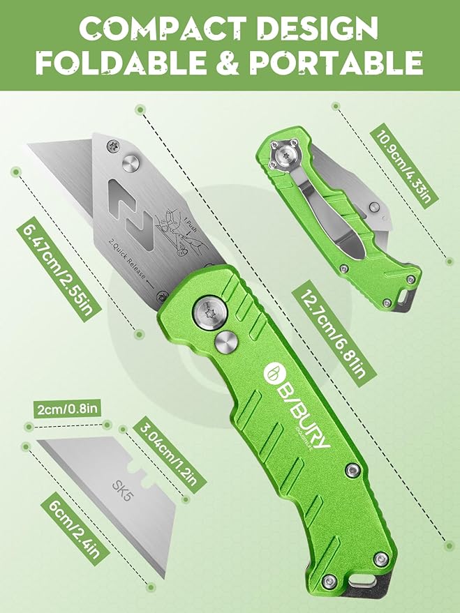 Utility Knife, BIBURY Upgraded Version Heavy Duty Box Cutter, Pocket Carpet knife with 10 Replaceable SK5 Stainless Steel Blades, Belt Clip, Easy Release Button, Quick Change and Safety Lock-Green
