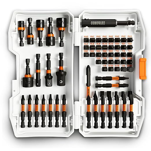 COMOWARE 68Pcs Premium Screwdriver Bit Set, Black Oxide Coated Bits with Dry Anti-Rust Oil, Includes 1", 2", 3-1/2" Bits, 6 Sockets & Magnetic Driver for Drill/Hand Tools, Portable Storage Case