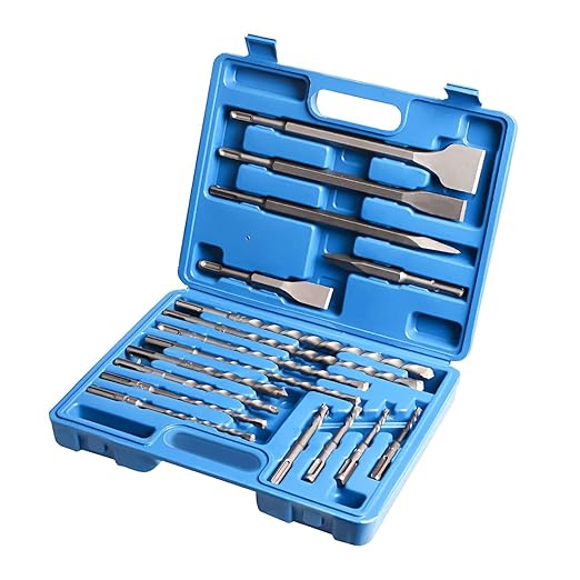 17 Pcs SDS Plus Rotary Hammer Drill Bits and Chisels Set, Carbide-Tipped Masonry Drill Bits and Chisels for Concrete, Stone, Brick, with Storage Case