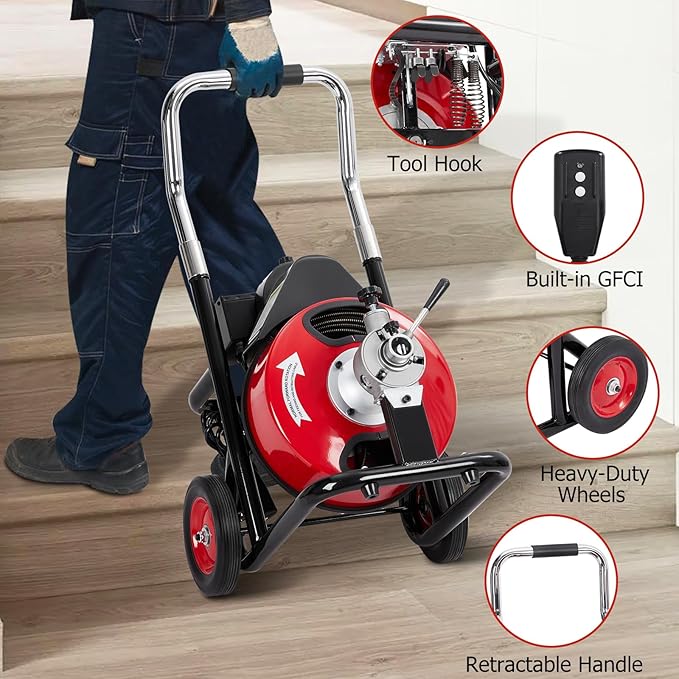 75 FT x 3/8 Inch Drain Cleaner Machine with 250W Motor, Auto Feed Sewer Snake Auger with 8 Cutters & Air-activated Foot Switch, Semi-Enclosed Drum Drain Cleaning Tool for 2" to 4" Pipes