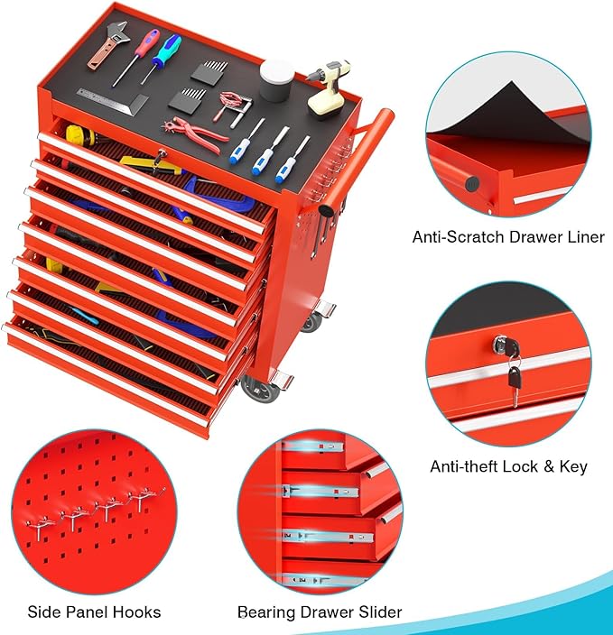 7 Drawers Rolling Tool Chest, Portable Storage Tool Box with Wheels, Tool Chest with Lock for Warehouse, Garage, Repair Shop and Tool Room