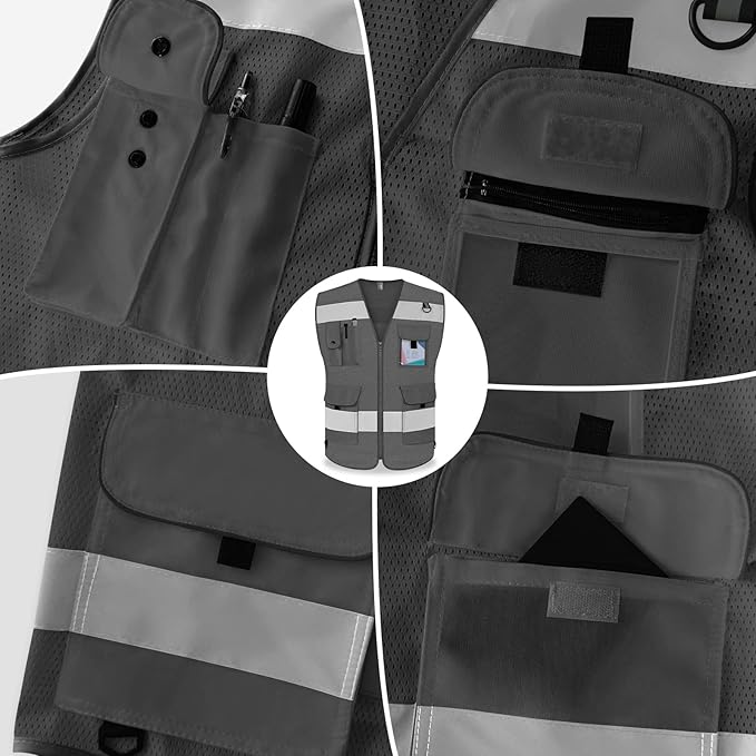 TCCFCCT Mesh Safety Vest 9 Pockets High Visibility Reflective Safety Vest for Men Women, Hi Vis Work Vest with Reinforced Sewing for Workers, Surveyors, Meets ANSI/ISEA, (Grey, 3X-Large)