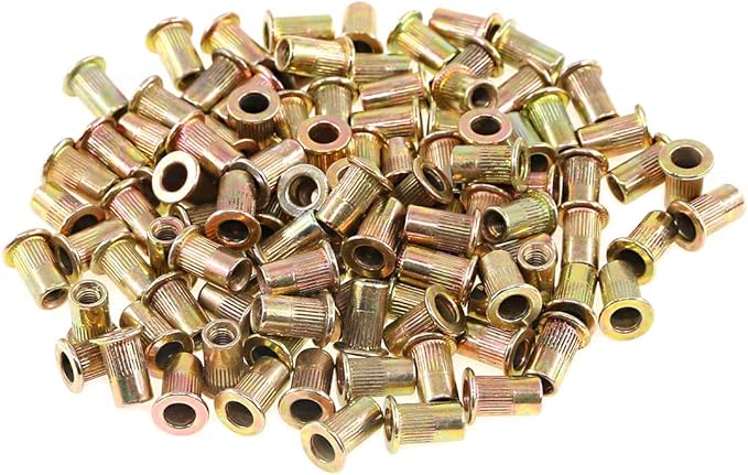 Keadic 150Pcs M3 Rivet Nuts Metric Zinc Plated Rivet Nut Carbon Steel Rivet Nut Flat Head Threaded Insert Kit Threaded Rivet Insert Nutsert Rivnuts Kit for Furniture
