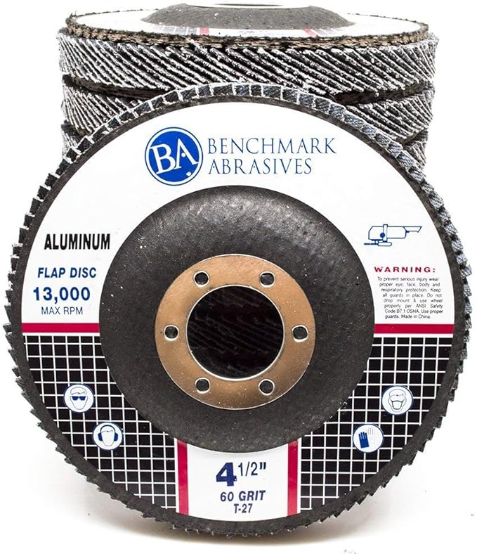 Benchmark Abrasives 4.5" x 7/8" Stearate Coated Type 29 Flap Discs for Aluminum or Other Soft Metals, Angle Grinder Discs for Sanding, Finishing, Grinding, Deburring (10 Pack) - 60 Grit