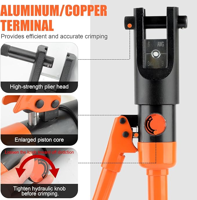 HZLZRZ 12 Tons Hydraulic Crimping Tool, Range 6AWG-4/0AWG(250MCM), Hydraulic Cable Lug Crimper with 8 Pairs of Dies for Hydraulic Wire Battery Cable Electrical Terminal Crimping Tool (YQ/120A)