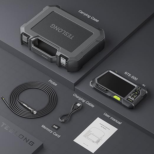 Dual Lens Endoscope with 5" Monitor, Teslong NTS500 Industrial Waterproof Borescope Inspection Camera with 0.21in Front & Side-View Double Lens with 9.8FT Probe, 5-Inch IPS LCD Screen & Case