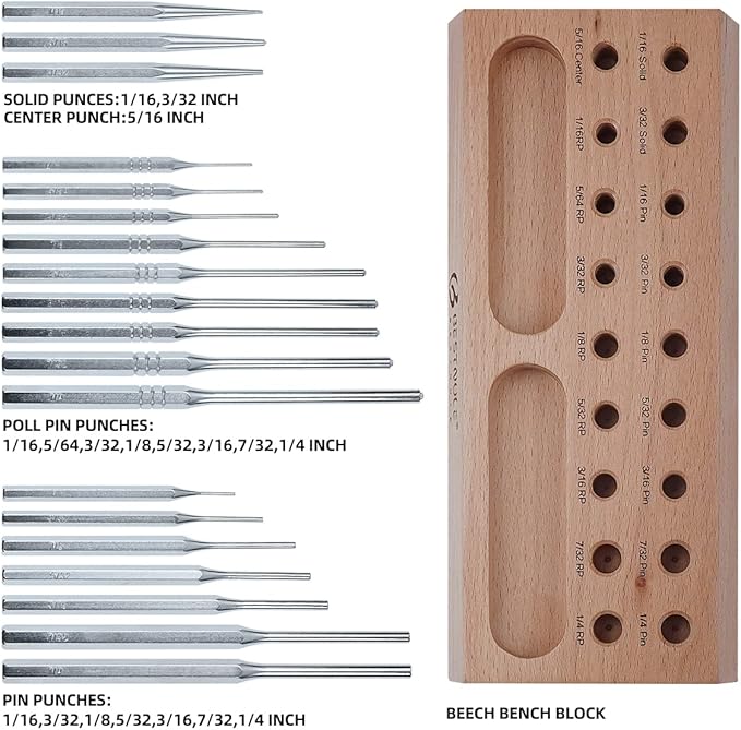 BESTNULE Punch Set, Roll Pin Punch Set, Punch Tools, Made of Solid Material Including Steel Center Punch and Nail Punch with Beech Block, Ideal for Machinery Maintenance