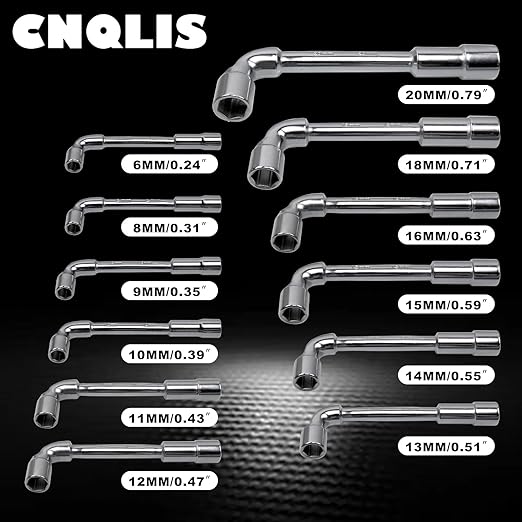 CNQLIS 12 Pieces L-Type Pipe Pipe Elbow Wrench Set, L-Type Hex Socket Wrench Set, 6-20MM, Chrome Steel, 6 Point, Metric, with Storage Bag