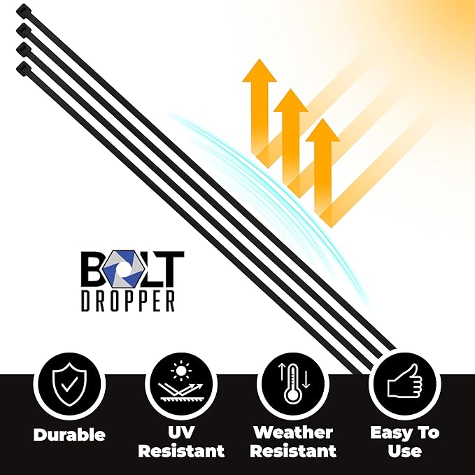Bolt Dropper 12-Inch Black Zip Ties - 1000-Pack Heavy Duty Wire and Cable Ties - Durable Self-Locking Nylon with 40 lbs Tensile Strength - UV and Temperature Resistant for Indoor and Outdoor Use