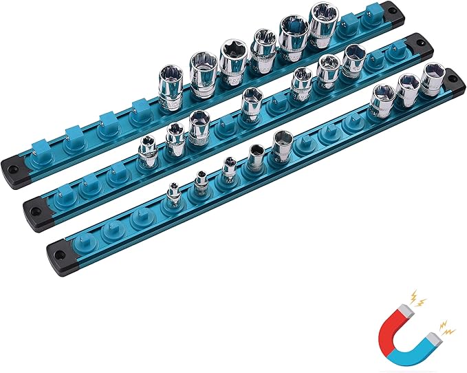 ALOANES Magnetic Socket Organizer Set, 3-Piece Heavy Duty Aluminum Holder Rail for Tool Box, 360 Swivel Clips Rack 1/4, 3/8, 1/2-Inch x 40 Clips (Aqua Blue)