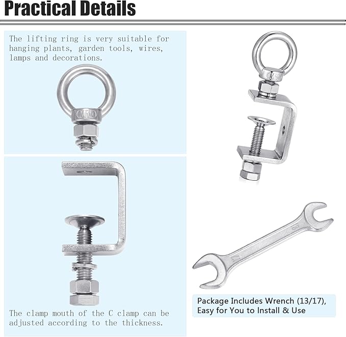 4-Pack Small C Clamps – 304 Stainless Steel Beam Clamps with M10 Screw Ring | Adjustable, Rust-Resistant I Beam Clamps for Ring Beams, Welding, Woodworking, Plants & Desk Use. Wide Jaw Openings (45MM)