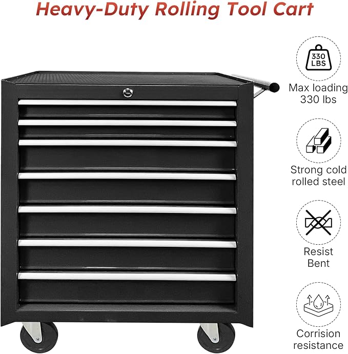 Rovibek 7-Drawer Rolling Tool Chest, Metal Rolling Tool Box with Lockable Drawers, Tool Box with Wheels for Garage, Warehouse, Workshop, Repair Shop, Large Capacity Tool Storage Cabinet (Black)