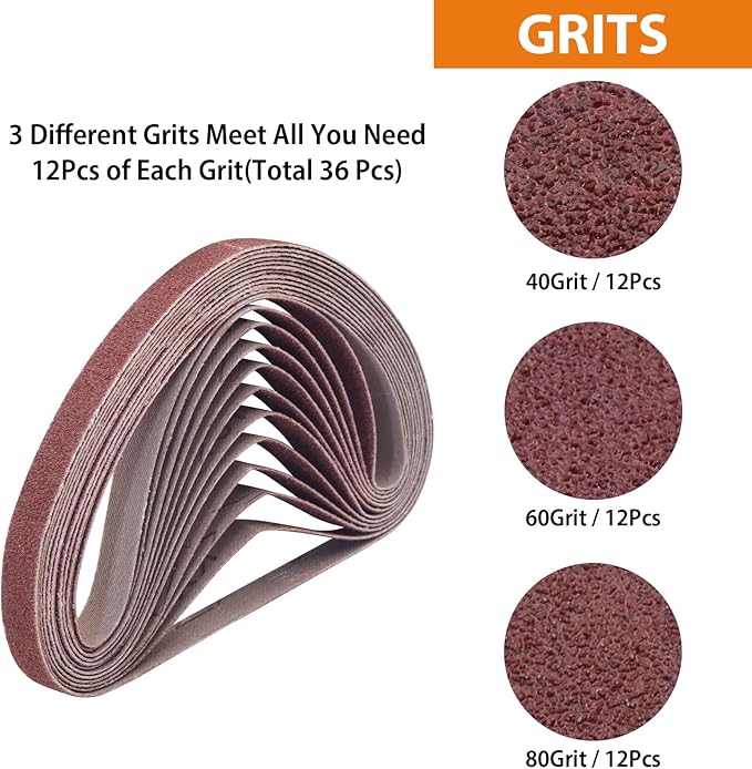 TAOKYID 36 Pack 1/2 x 18 Inch Sanding Belts for Air Belt Sander, Aluminum Oxide File Abrasive Belts 1/2-Inch x 18-Inch, 12 Each of 40/60/80 Assorted Grits 1/2x18 Sanding Belt Sandpaper