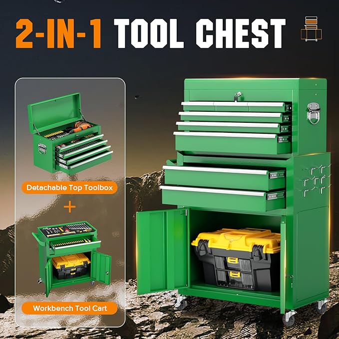 Crownland 8-Drawer Rolling Tool Chest with Wheels, Lockable 2 in 1 Detachable Tool Cabinet wit Drawers and Black Liners, Garage Top Toolbox & Bottom Storage Cart with Side Hooks(Green)