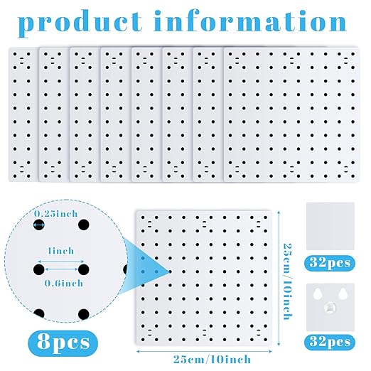 Nuanchu 8 Set Pegboard Wall Mount Display Organizer Kit - Plastic Pegboard Panels for Garage Kitchen Living Room Office No Drilling to Wall, No Drilling Required, 10 x 10 Inch(White)