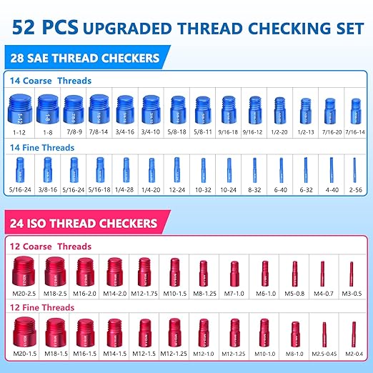 52PCS Thread Checker, Nut and Bolt Thread Checker, Thread Checker Kit in Standard and Metric (28 SAE & 24 Metric), Bolts Measuring, Bolt Size Finder Checker Thread Gauge for Quickly Identify