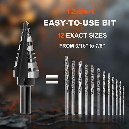 COMOWARE Step Drill Bit, 12 Sizes from 3/16" to 7/8", High Speed Steel Step Bit with 2 Straight Flutes, 3-Flat Shank, Steps Bits for Metal, Aluminum/Wood/Plastic/Iron, Unibit for Electricians & DIY