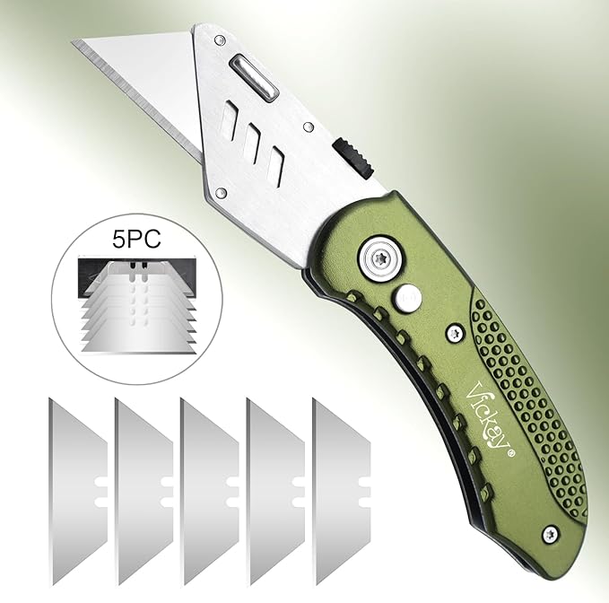 Vickay Folding Utility Knife, Box Cutter with 5 SK5 Quick Change Blades, Safety Axis Lock Design Razor Knife, Lightweight Aluminum Handle Belt Clip for Office Home Artcraft (Olive Green)