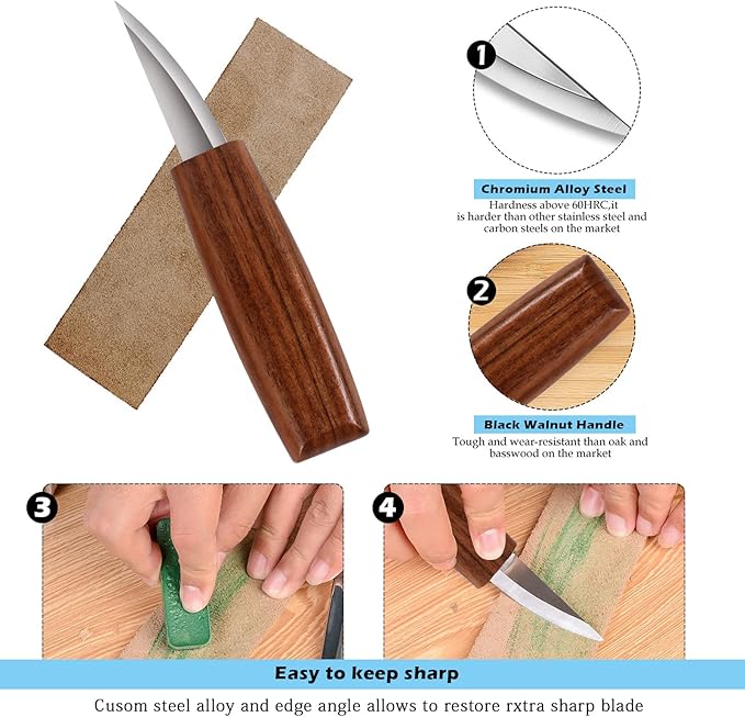 Wood Carving Tools Set,Detail and Hook Carving Knife Kit for Beginners,Trimming Knife for Spoon Bowl Cup Woodwork,Round Handle Design and 6pcs SK2 Carbon Steel Wood Carving Knives（10pcs）