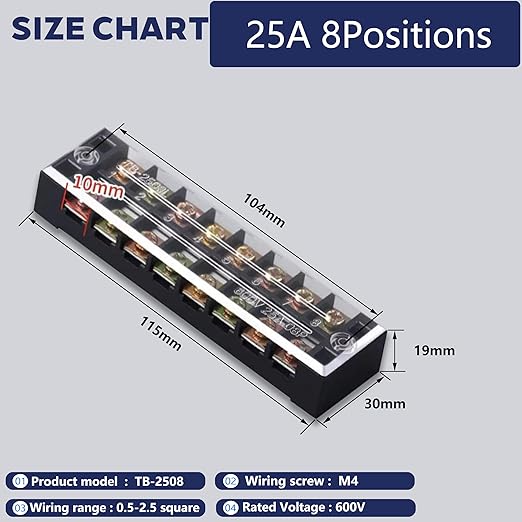Terminal Block (8 Sets) 8Pcs 8 Positions Dual Row 600V 25A Screw Terminal Strip Blocks with Cover&8Pcs Pre-Insulated Barrier Termina Block Strip&64Pcs Insulated Fork Wire Connector