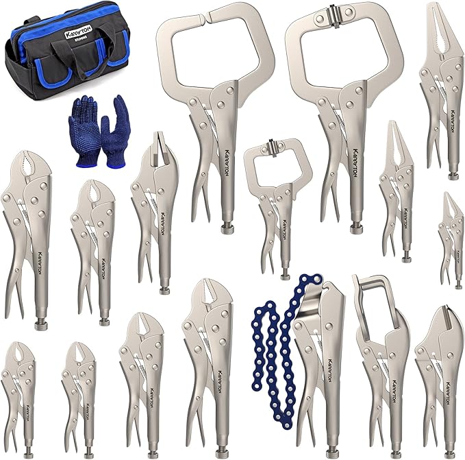 16PCS Locking Pliers Set, Carbon Steel, Fast Release, Curved Jaw, Long Nose, Straight Jaw, U-Shaped,Pinch Off,C-clamp, Chain Clamp, Sheet Metal Clamp w/Multifunction Oxford Tool Bag