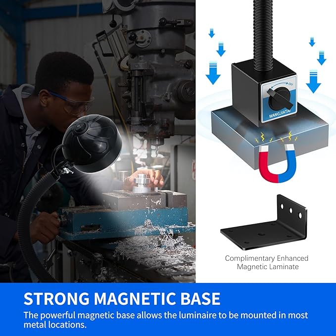 Magnetic Work Light, LED Machine Light, Gooseneck Work Lamp with Flexible and Magnetic Base, Shop Tool Lamp for Lathe,Work Bench,Sewing Machine,Bandsaw, Industrial Lighting, 2000Lumen,Black