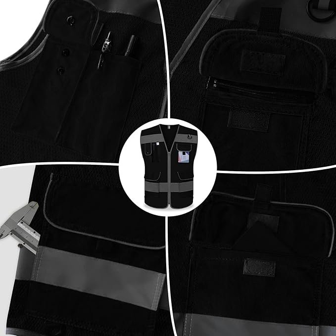 TCCFCCT Mesh Black Safety Vest for Men Women 9 Pockets High Visibility Reflective Vest for Safety, Work Vest with Reflective Strips, Meets ANSI/ISEA Standards, Large
