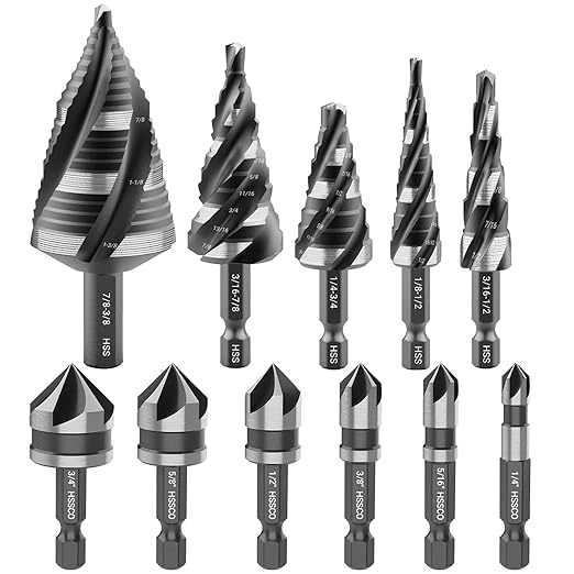 5 Pcs Four Spiral Flute Step Drill Bit Set, 6 Pcs Countersink Drill Bits with 1/4 Inch Quick Change Hex Shank, Nitriding HSS Drill Bits for Metal, Aluminum, Wood, Plastic