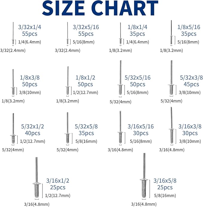 560 Pcs 14 Sizes Pop Rivets Assortment Kit, Aluminum Rivets, 3/32" 1/8" 5/32" 3/16" 1/4" Blind Rivets for Metal, Dome Head rivet kit(Silver)