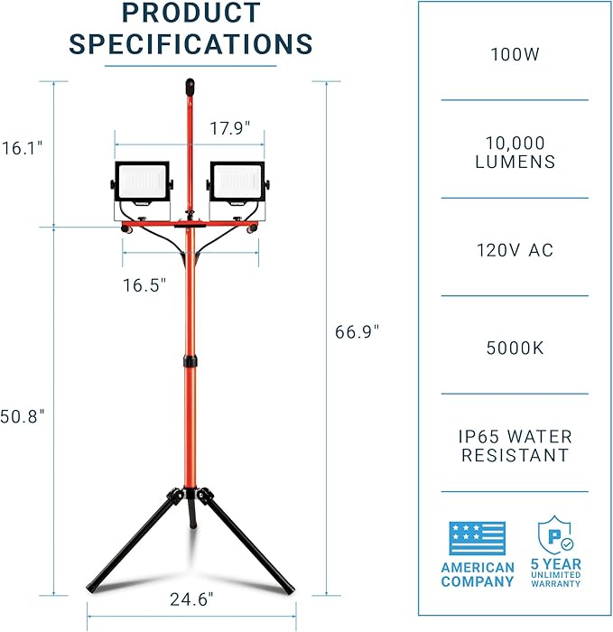 PARMIDA LED Dual-Head Work Light with Telescoping Tripod Stand Up to 6 Ft Tall, UL Approved Cable, Durable Metal Body, 10,000 Lumen, 100W, IP65 Waterproof, Rotating & Detachable Heads, 8 Ft Power Cord