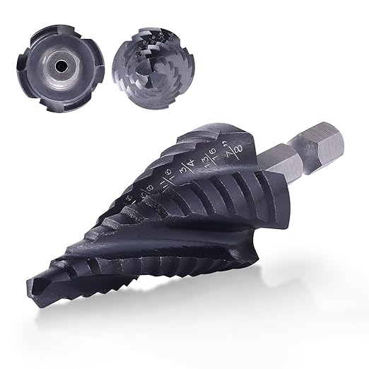 Four Spiral Flute Cobalt Step Drill Bit, 3/16"-7/8" M35 Cobalt Step Drill Bit Wear-Resistant AlTiN Coated, 1/4" Hex Shank for Hole Drilling in Stainless Steel, Copper, Aluminum, Wood, Plastic