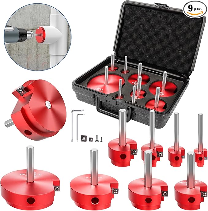 9 Pcs PVC Pipe Reamer Kit, PVC Fitting Saver, Reamer Fit into Standard 1/2" Drills Contains 1/2 inch, 3/4 inch, 1 inch, 1-1/4inch,1-1/2inch, 2inch, 2 1/2 2inch, 3inch, 4inch for SCH40, ABS