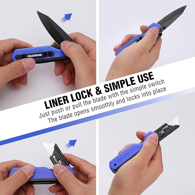 WORKPRO 2-in-1 Folding Knife/Utility Knife, Quick-Change Box Cutter with Belt Clip, Liner Lock, and G10 Handle, Extra 10 SK5 Blades Included, Blue
