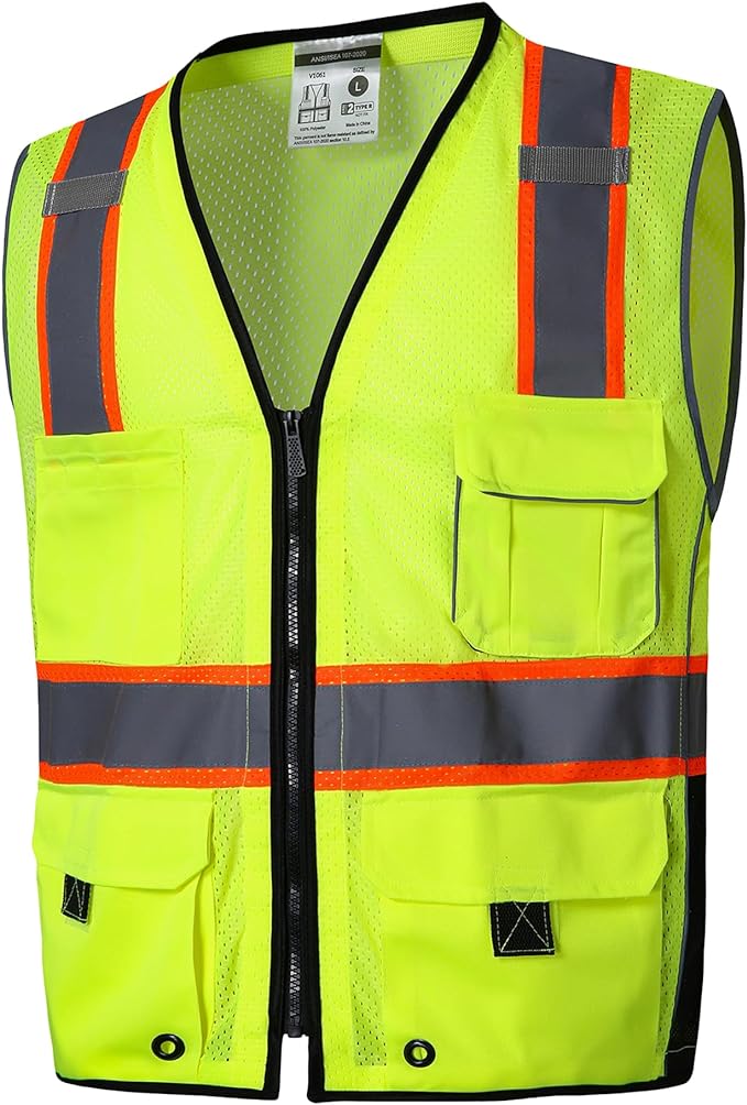 SKSAFETY 10 Pockets Professional Safety Vest, Class 2 High Visibility, ANSI/ISEA Standard, Construction Work Vest (Lime, 4XL)