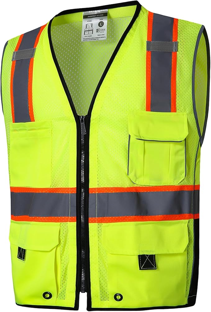 SKSAFETY 10 Pockets Professional level Safety Vest, Class 2 High Visibility Security Vest with Zipper, Hi Vis Vest with Reflective Strips, ANSI/ISEA Standard, Construction Work Vest（Lime, XL）