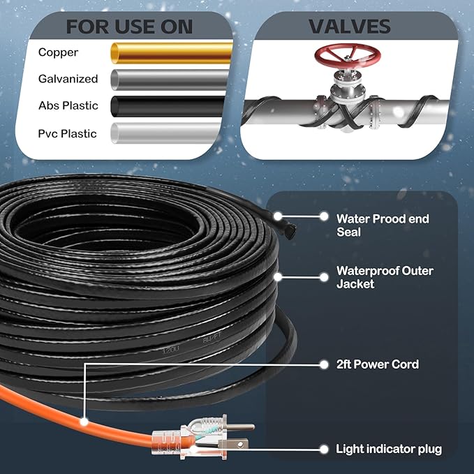 24FT（3FT-200FT） Pipe Heating Cable for Pipe Freeze Protection, Heat Cable for Water Pipes(Metal and Plastic), Pipe Heat Tape Keeps Water Flowing at -40°F 5w/ft, 120V
